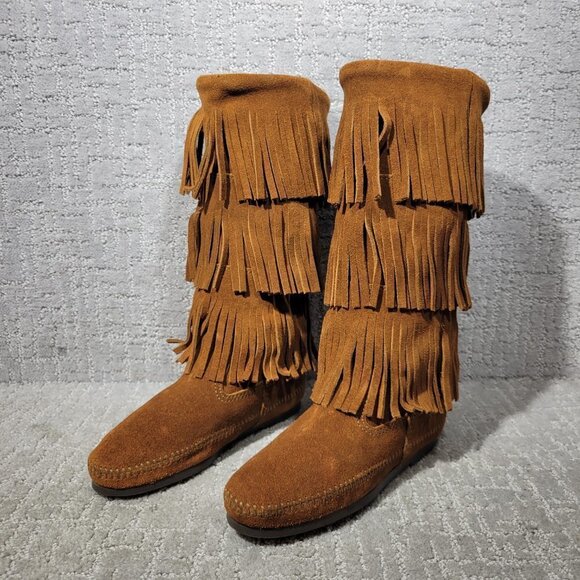 Minnetonka Moccasins 3 Layer Fringe Women's Size 5 Brown Suede Calf High Boots - Picture 7 of 10